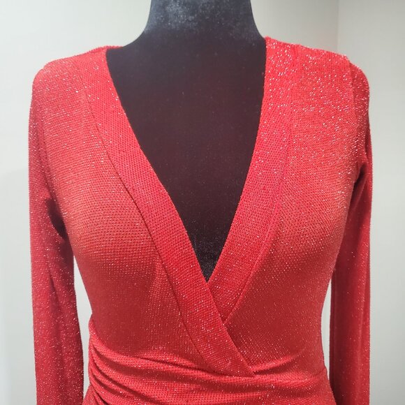 SYMPHONY RED GLITTER GLAMOROUS COCKTAIL WRAP DRESS SIZE M - Picture 4 of 9